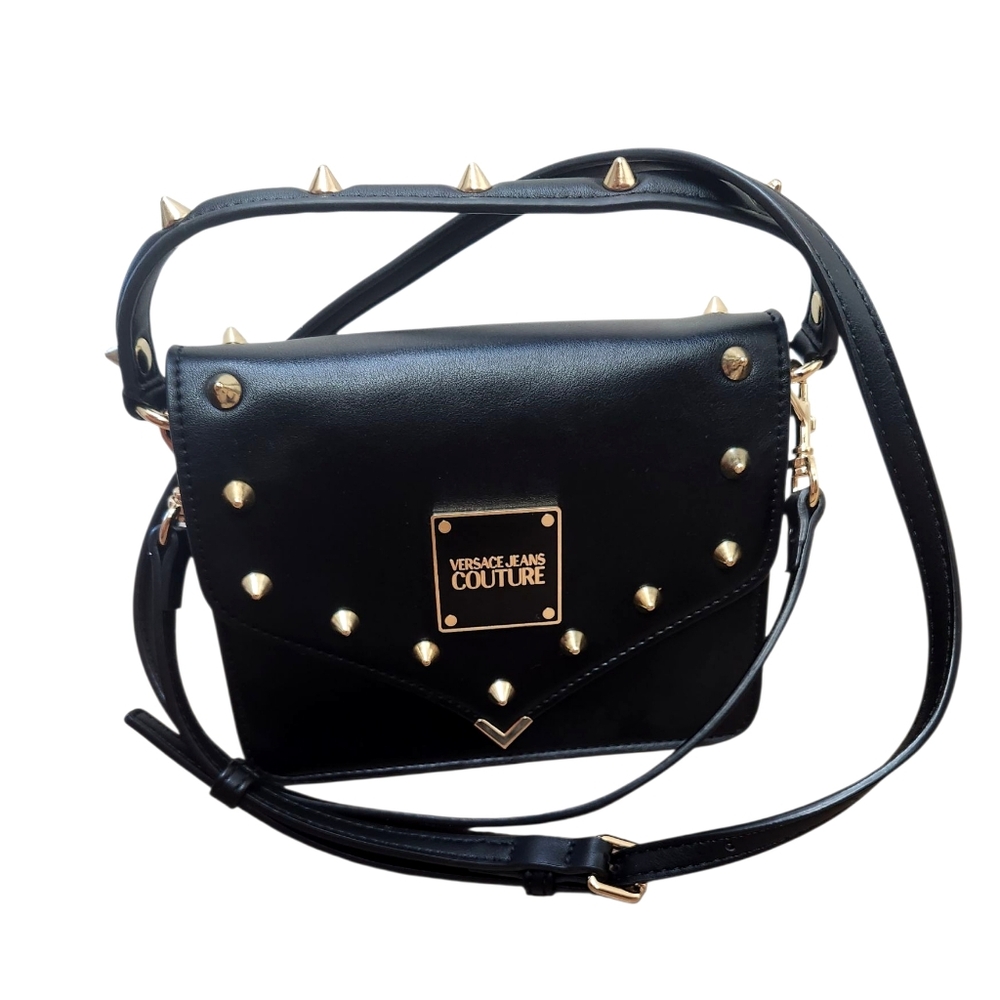 Versace Jeans Couture Studs Revolution Classic Bag Purse Satchel Black Silver
